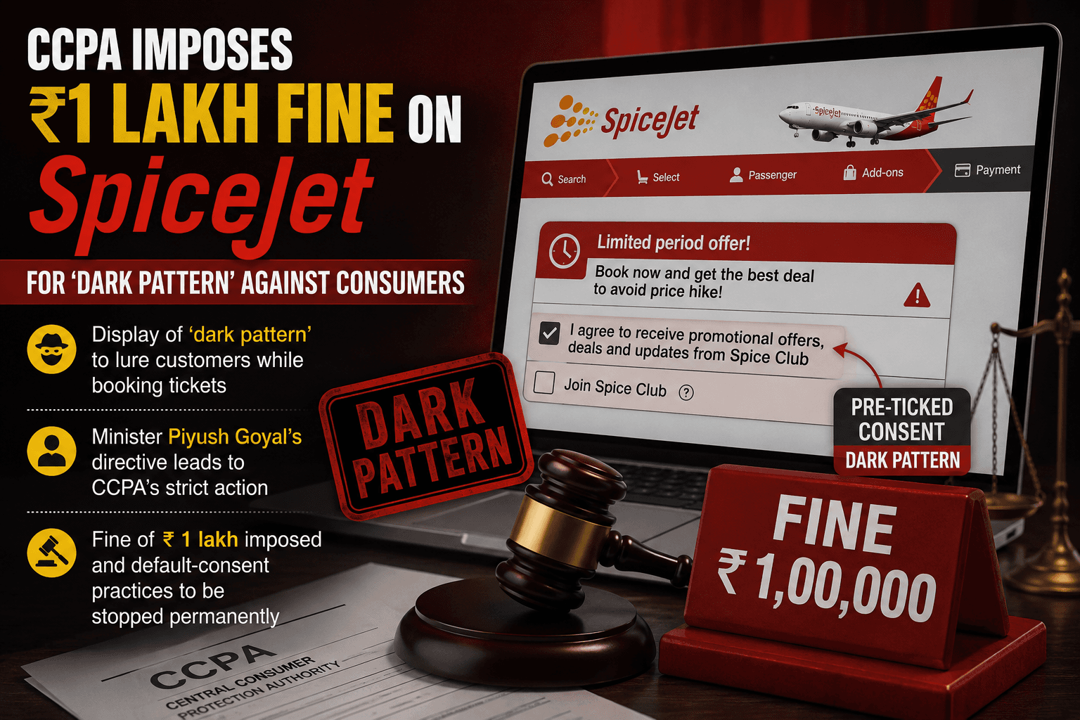 CCPA imposes ₹ 1 lakh fine on SpiceJet for 'dark pattern' against consumers